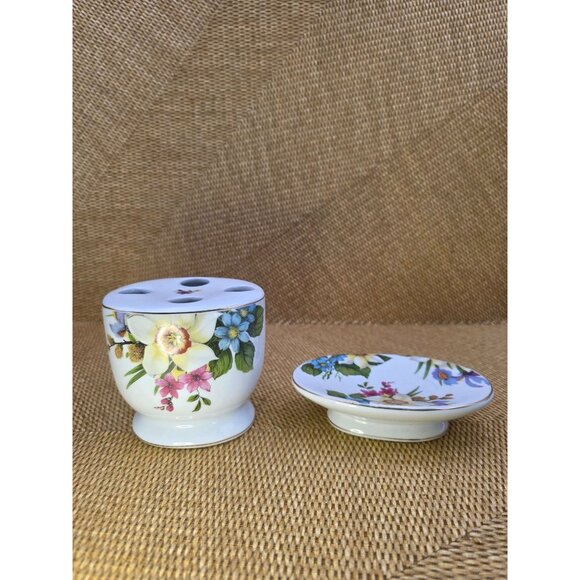 Baum Bros Porcelain Toothbrush Holder & Soap Dish Floral Design Bathroom Decor‎ - Picture 10 of 10